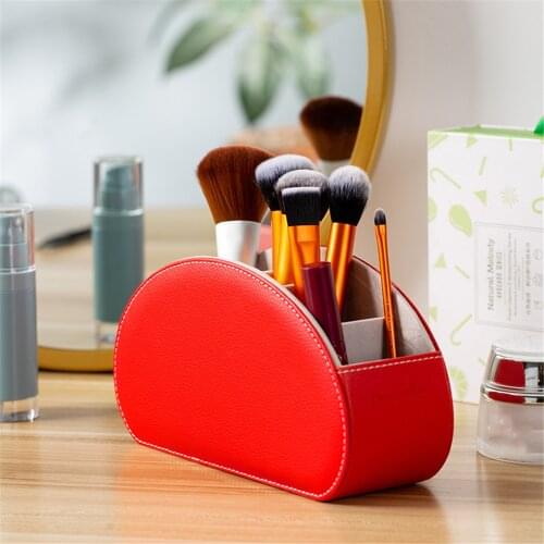 Remoter Makeup Brushes Jewelry Cosmetics Storage Container Organizer Box Leather Office Desk Organize Bin for Home with 5 Grids