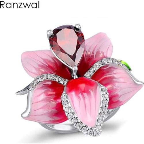 Ranzwal Elegant Red Cubic Zircon Rings for Women Pink Enamel Rose Flower Ring Fashion Jewelry US SIZE 6~10