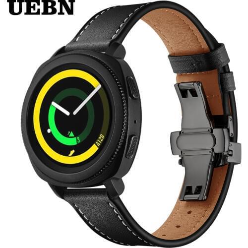 UEBN 20mm Black Butterfly clasp Leather Band for Samsung Galaxy Watch 42mm Active 2 Bracelet Strap for Gear S2 Sport watchband