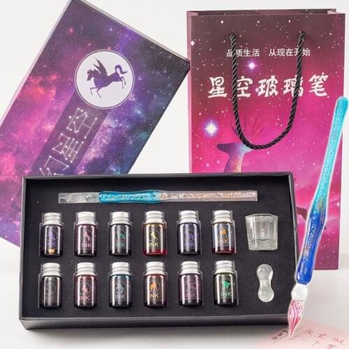 Painting Crystal Glass Pen Starry Sky Unicorn Dip Pen Glitter Powder Fountain Pen 12 Colors Ink Gift Box Set Writing Supplies