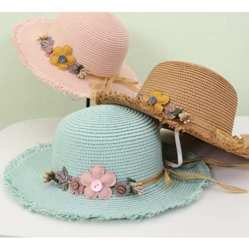Straw Hat Flowers Wide-brimmed Flat Top Childrens Hat Summer Beach Hat Man Woman Parent-child Sun Hat