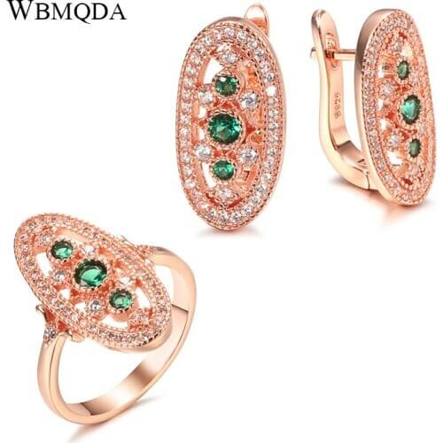 Wbmqda 2020 Hot Luxury Green Cubic Zircon Ring Earrings For Women 585 Rose Gold Hollow Crystal Flower Ring Wedding Jewelry Sets