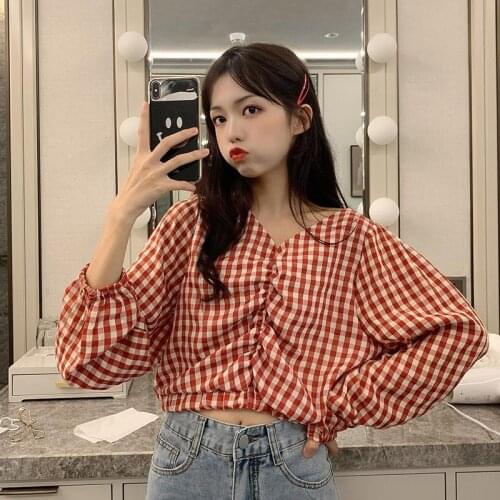 Autumn Short Top V-neck Long Sleeve Plaid Shirt Blouse Women Blusas Ropa De Mujer