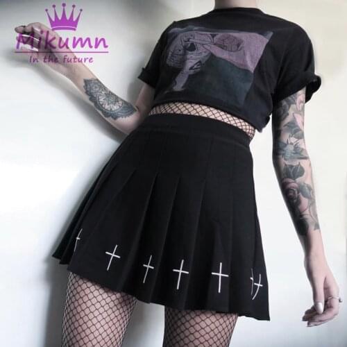New Style Summer Women Pleated Skirt Harajuku Black White Cross Embroidery Gothic Skirt Punk Girl High Waist Mini Skirts