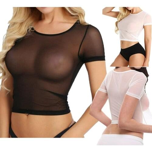 2021 Spring Summer Womens Short Sleeve Sexy Black Mesh Top T Shirts Transparent Punk Club Streetwear Tees Beach Tops