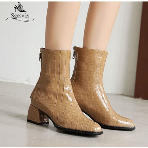 Sgesvier Fashion Women Boots Casual Thick High Heels Winter Shoes Woman Round Toe Rubber Ankle Boots Black Red Zapatos Mujer