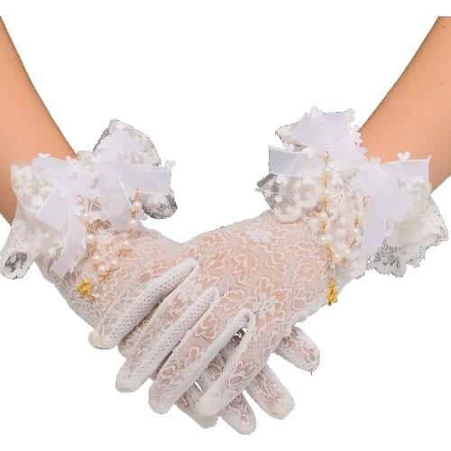 Women Lolita Lace Gloves White Cute Bead Chain Gloves for Bride Gifts