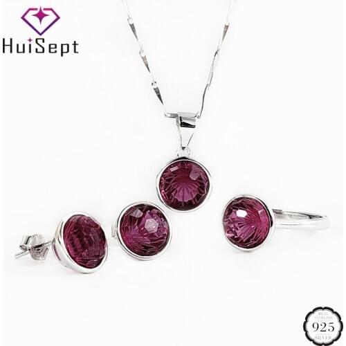 HuiSept 925 Sterling Silver Jewelry Set for Women Earrings Ring Necklace Accessories with Emerald Sapphire Gemstone Wedding Gift