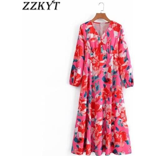 ZZKYT 2021 Women Spring Fashion Floral Print Split Maxi Dress Vintage V-Neck Long Sleeve Party Female Dresses Vestidos Mujer