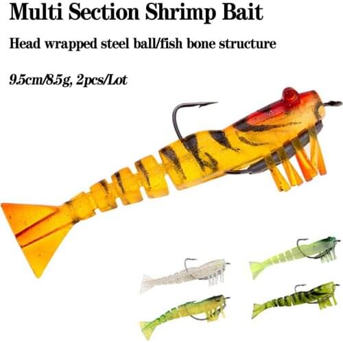 2pcs/Lot 9.5cm/8.5g Multisection Shrimp Fishing Lure Simulation Jig Soft Plastic Shrimp Lures With Weighted Crank Hook Tackle