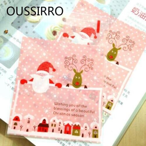 25PCS/Lot Pink Santa Claus Elk Cookie Packaging Self-Adhesive Christmas Kids Gifts Plastic Bags Candy Food Biscuit Packaging Bag