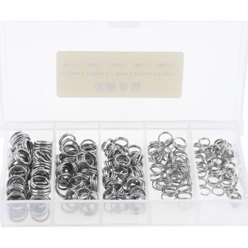 250pcs/lot Silver Stainless Steel Double Loop Fishing Ring 5 Size Mixed Split Clip Swivel Quick Change Hook Connector with Box