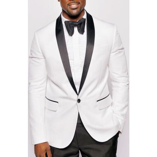 White Tuxedo Jacket Black Lapel Custom Made Suit, white jacket + black pants + tie + pocket square, White Wedding Suits For Men