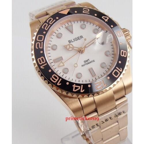 BLIGER Rose Gold White Dial Mental Strap GMT Function Mingzhu Movement Automatic Mens Wristwatch with Magnifier