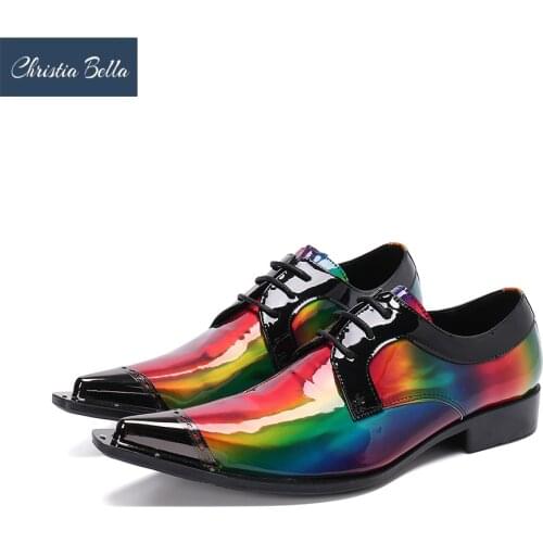 Christia Bella Rainbow Colorful Patent Leather Dress Shoes Men Pointed Toe Oxford Shoes Nightclub Party Derby Shoes Lace Up