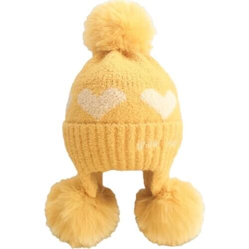 Children Hat Winter Thick Warm Wool Super Cute Love Baby Knitted Hat Boys Girls Ear Protection Hair Ball Furry Cap High Quality