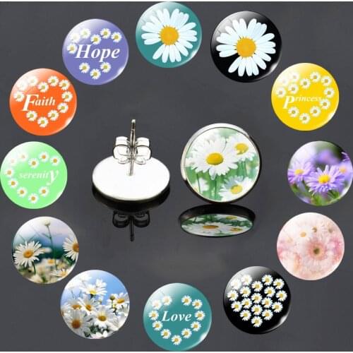 Dropshipping Stud EarringsDaisy Pattern Painting Glass Cabochon Earrings Women Jewelry Christmas Gifts Accessories Wholesale