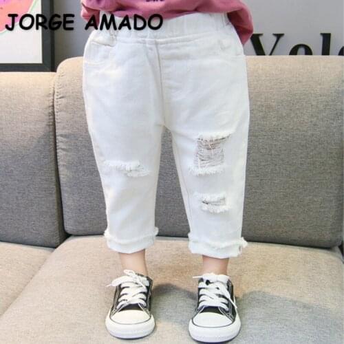 2021 Korean Style Autumn Kids Boys Girls Jeans Elastic Waist White Hole Denim Haren Pants Children Tourses Simple Clothes E2619