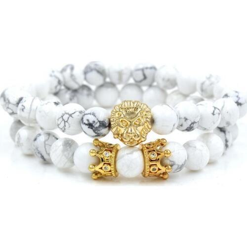 8mm 2PCS/Lot gh2 elastic adjusted nature stone agate Onyx black volcanic lava white Howlite lion Crown Bracelet Bangles