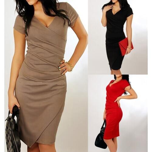 Formal Office Wear Deep V Neck Dress Midi Elegant Sukienka Sexy Pencil Fold Dress Pleated Irregular Hem Dress Solid Candy Color