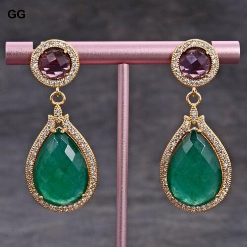 GuaiGuai Jewelry Green Jade Gems Stone Teardrop Crystal Cz pave Earrings