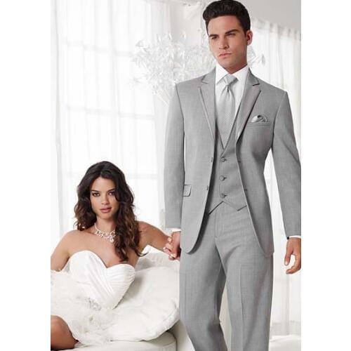 Custom Made Groom Tuxedo Light Grey Groomsmen Notch Lapel Wedding/Dinner Suits Best Man Bridegroom (Jacket+Pants+Tie+Vest) B251
