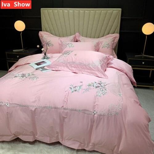 Iva Show Pink Long-staple Cotton Bedding Set Embroidery Bed Set Pink Peony Flower Pillowcase Queen King Size Bed Four-pieces