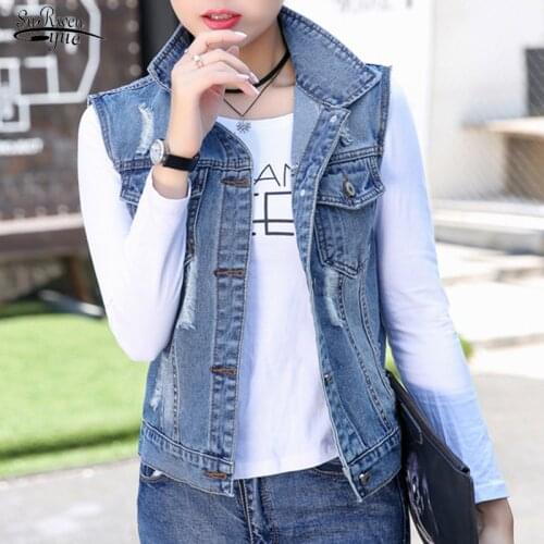 New Fashion Korean Denim Jacket Women Plus Size 3XL Sleeveless Jacket Ladies Tops Hole-breaking Short Denim Coat Female 12257