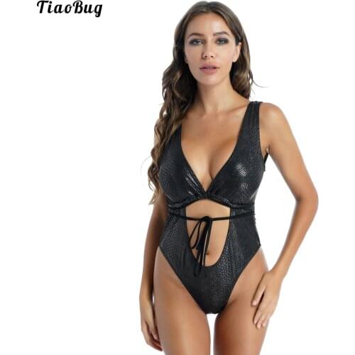 TiaoBug Summer Women Shiny Snakeskin Print Sleeveless Swimwear Bodysuit Removable Padded Lace-Up Cutout Leotard Swimsuit