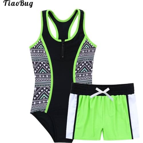 TiaoBug Summer 2Pcs Kid Girls Swimming Suit One-Piece Round Neck Sleeveless Racer Back Jumpsuit And Boyshorts Set Beach Swimwear