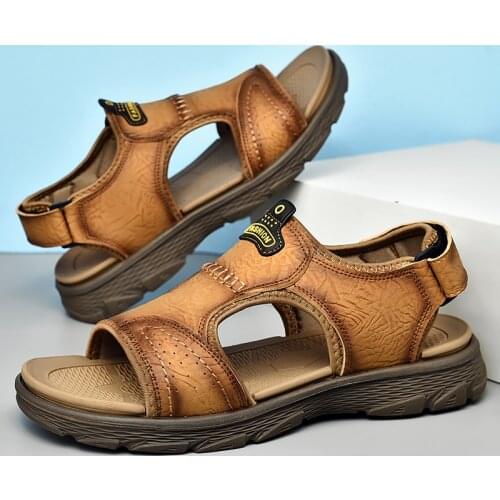 Cowhide Mens Beach Sandals Summer Water Shoes Outdoor Beach Slippers Male Sneakers Swimming Walking Work Office Shoes