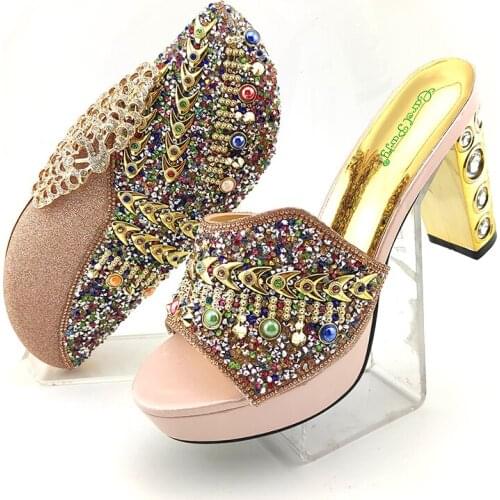 Newest Fashion Metal Fish Bone Style Peach Color Women Wedding Shoes and Bag Set Decorated With Colorful Rhinestone