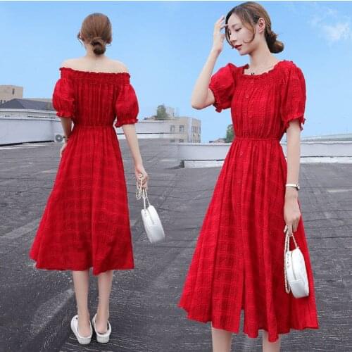 Slash New Red Plaid Dress 2021 Summer Korean Waist Thin Chiffon Bohemian Temperament Dresses Lantern Sleeve Female Dress LJ3250