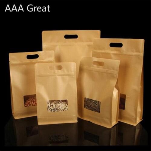 10Pcs/Lot Packing Zip Kraft Paper Window Bag Stand Up Dried Food Fruit Storage Packaging Pouches Zipper Self Sealing Bags Handle