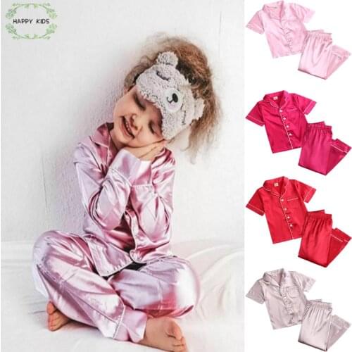 2pcs Infant Baby Boy Girl Pajamas Silk Satin Top Pant Long sleeve Solid Button-Down Pyjamas Satin Set Nightgown Child Sleepwear