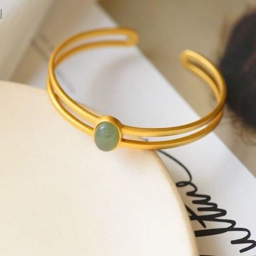 Retro Simple Style Bracelet Female S925 Sterling Silver Gilding Inlaid Natural Hetian Jade Gray Jade Open-End Bracelet Ancient C