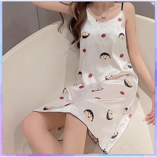 Sexy Lingerie Womens Dress Ice Silk Sleeveless Babydoll V Neck Nightgown Sleepwear Cute Cartoon Night Dress Summer Plus Size