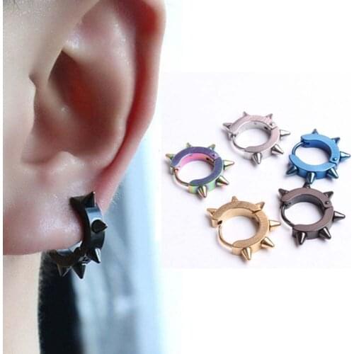 2 Pcs/Set Punk Huggie Earrings Black Spike Rivet Stainless Steel Small Hoop Earring for Women Men Jewelry Gifts Accessories