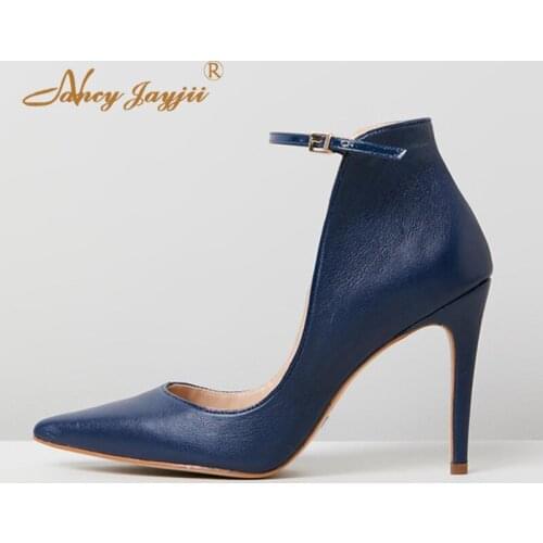Navy Blue Pointy Toe High Stilettos Pumps Woman Ankle Strap Thin Heels Smooth Faux Leather Large Size 12 15 Mature Fashion 2019