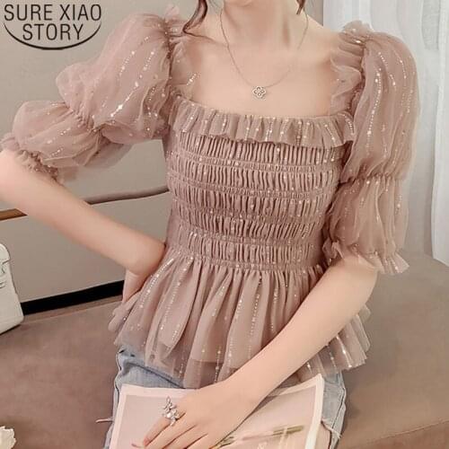 Temperament Chic Korean Puff Sleeve Chiffon Blouse Women Summer 2021 New Sweet Mesh Tops Square Collar Fairy Shirt 14469