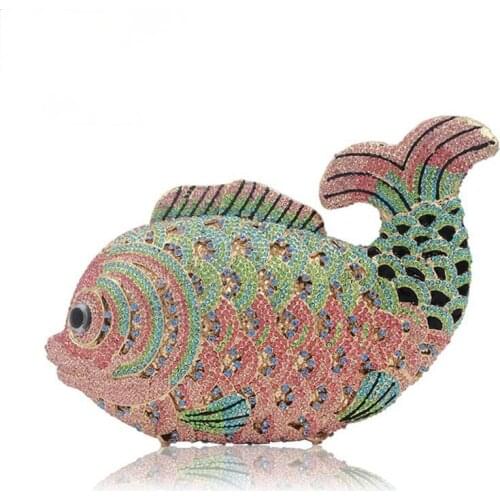 New Designer Multi Crystal Women Fish Evening Clutch Bag Bridal Mini Metal Handbag and Purse Wedding Diamond Clutches Jelly Bag