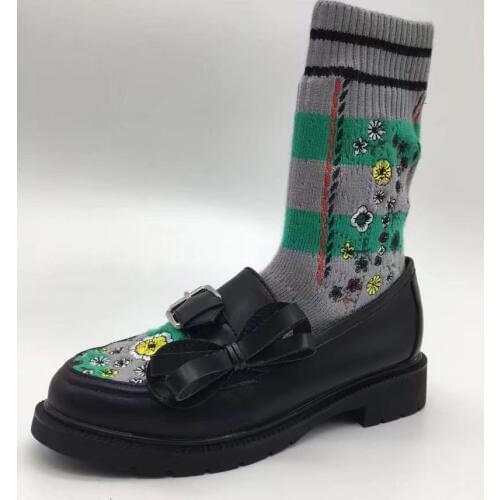 2018 Newest Black Leather Bow Ladies Flat Sock Boots Embrodiery Floral Women Fashion Slip On Ankle Boots Leather Buckle Boots