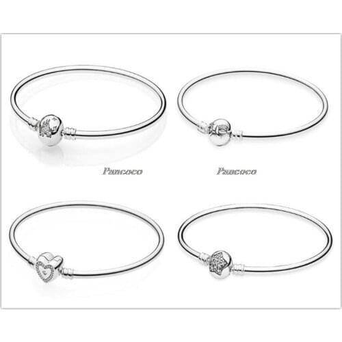 925 Sterling Silver Bangle Crystal Wishful Heart Moments Snake Chain Bracelet Fit Women Bead Charm Fashion Jewelry
