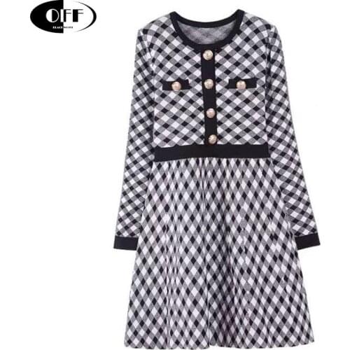 Autumn Winter Knitted Woman Dress Elegant Casual Vintage Plaid Long Sleeve Buttons Blue Black Dresses Women Lady Clothes female