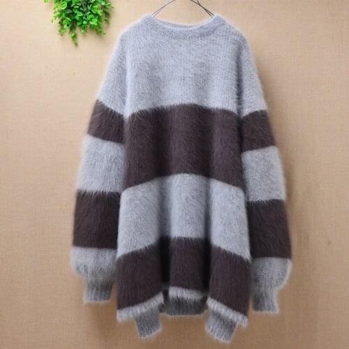 Ladies women stripe thick fashion oversized long angora rabbit fur knit o-neck long lantern sleeves loose pullover sweater dress