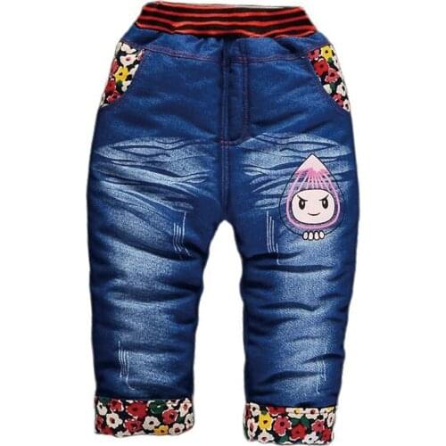 Winter Children Denim Pants Boys Girls Jeans New Fashio Thick Plush Cartoon Denim Pants Kids Soft Warm Trousers