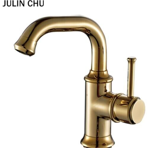 Gold Bathroom Basin Tap Luxury Vintage Single Handle Deck Mounted Lavatory Bathroom Wash Faucet with Hot and Colder Water Holes
