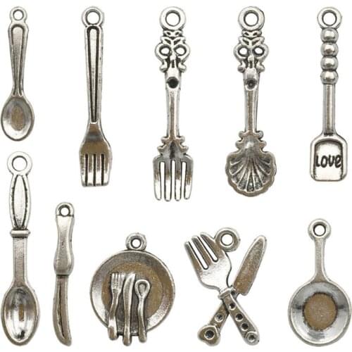 100pcs Mixed Fork Knife Spoon Tableware Charms Pendants Jewelry Findings Making 667E