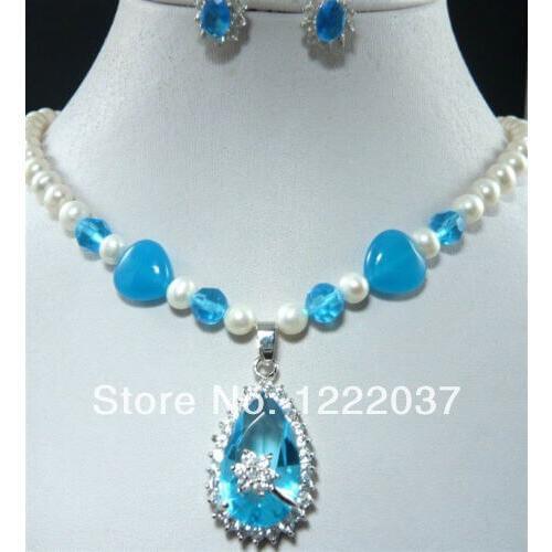 NEW 2colors! nice white pearl & blue/pink stone necklace pendant earring set