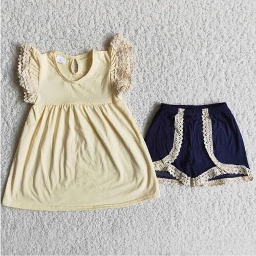 2021 New RTS Summer Baby Girl Outfits Lace Flutter Sleeve T-shirt Solid Short Pants Girl Clothing Set Children Boutique Clothes